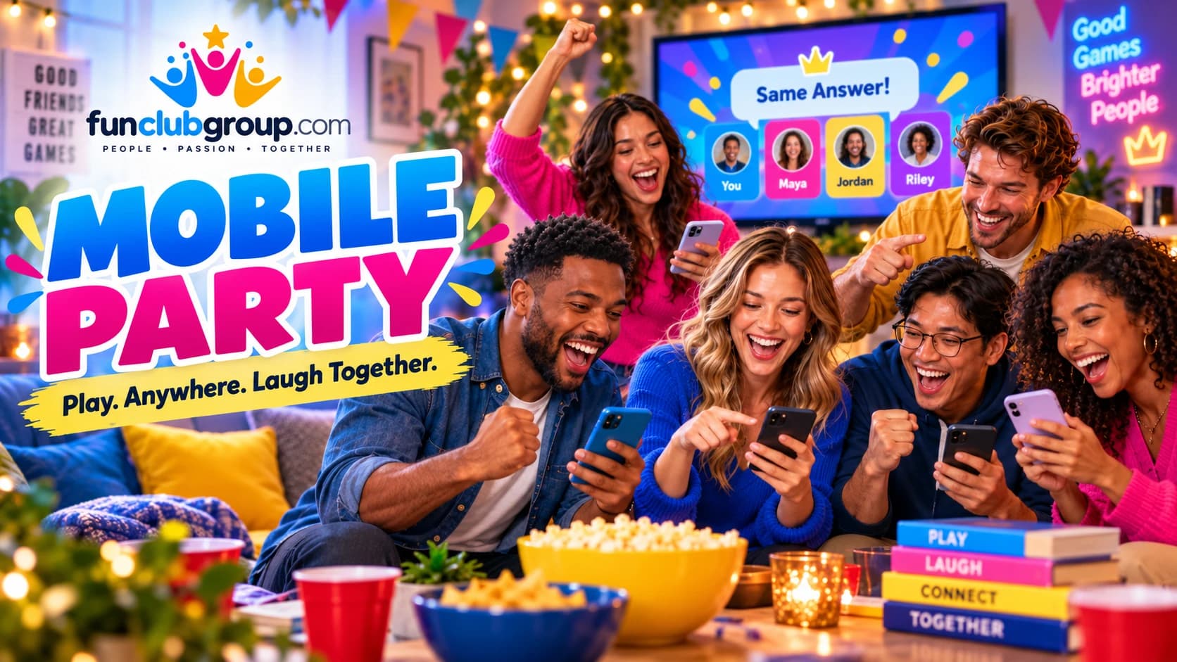 Friends laughing together while playing a FunClubGroup party game on their phones, with the game on the TV behind them